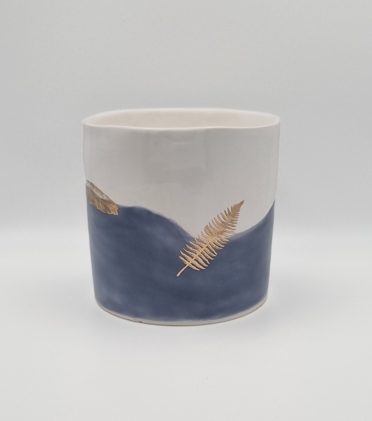 Planter pot-Large -Blue white - gold feather decal